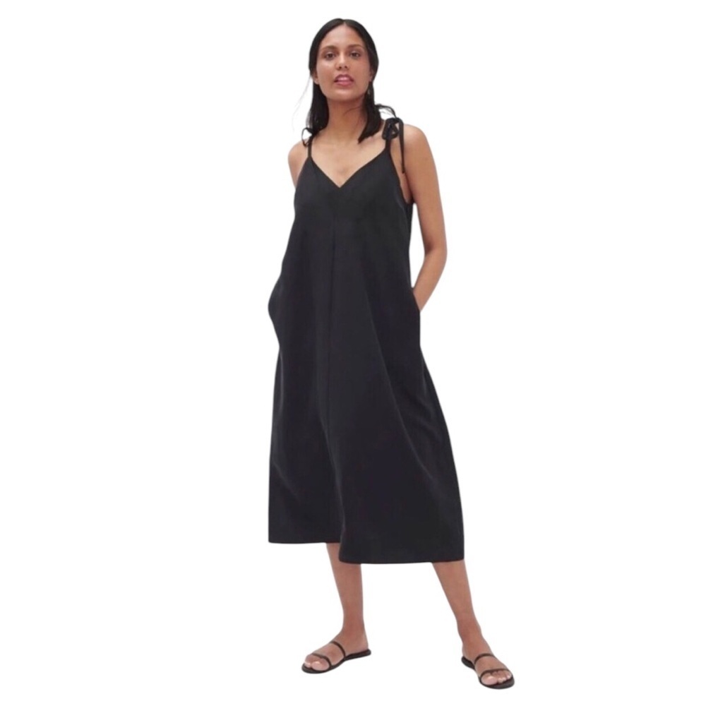 Hatch Black Midi Slip Dress with Tie Shoulders